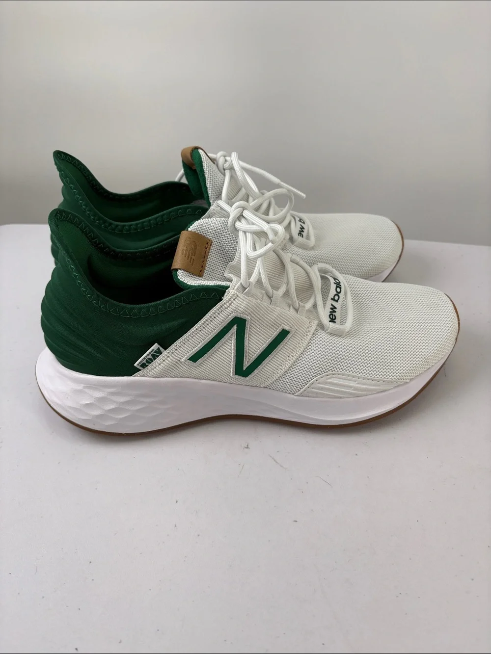 🔔 New Balance White Sneakers with Green Accents and Gum Outsole